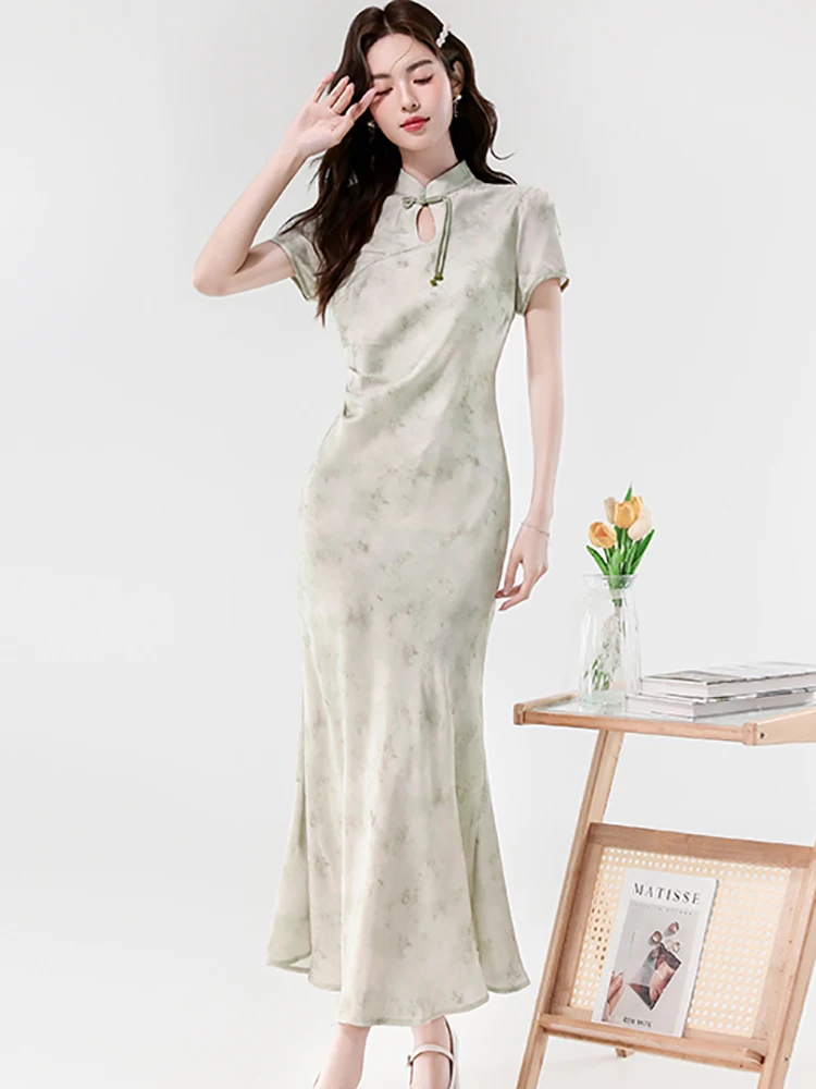Zomer Groene Print Stand Kraag Cheongsam Jurk Vrouwen Elegante Luxe Verstoorde Maxi Jurk 2025, Koreaanse Vintage Bodycon Feestjurk