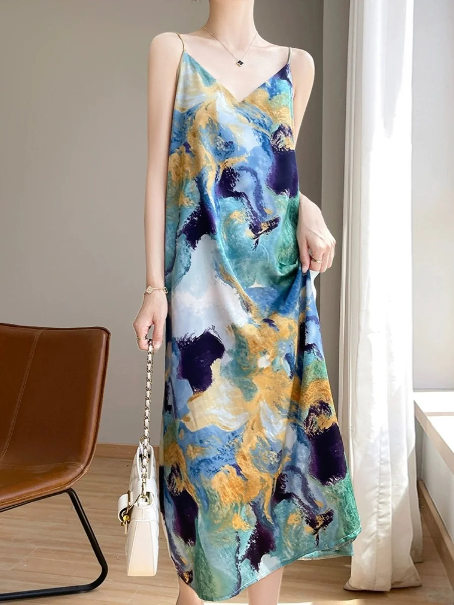 Ele Water-Media Print Sari Gown Women's Summer Acetate Satin Drapey Loose Slimming A-Line Dr Commute Simple Sle