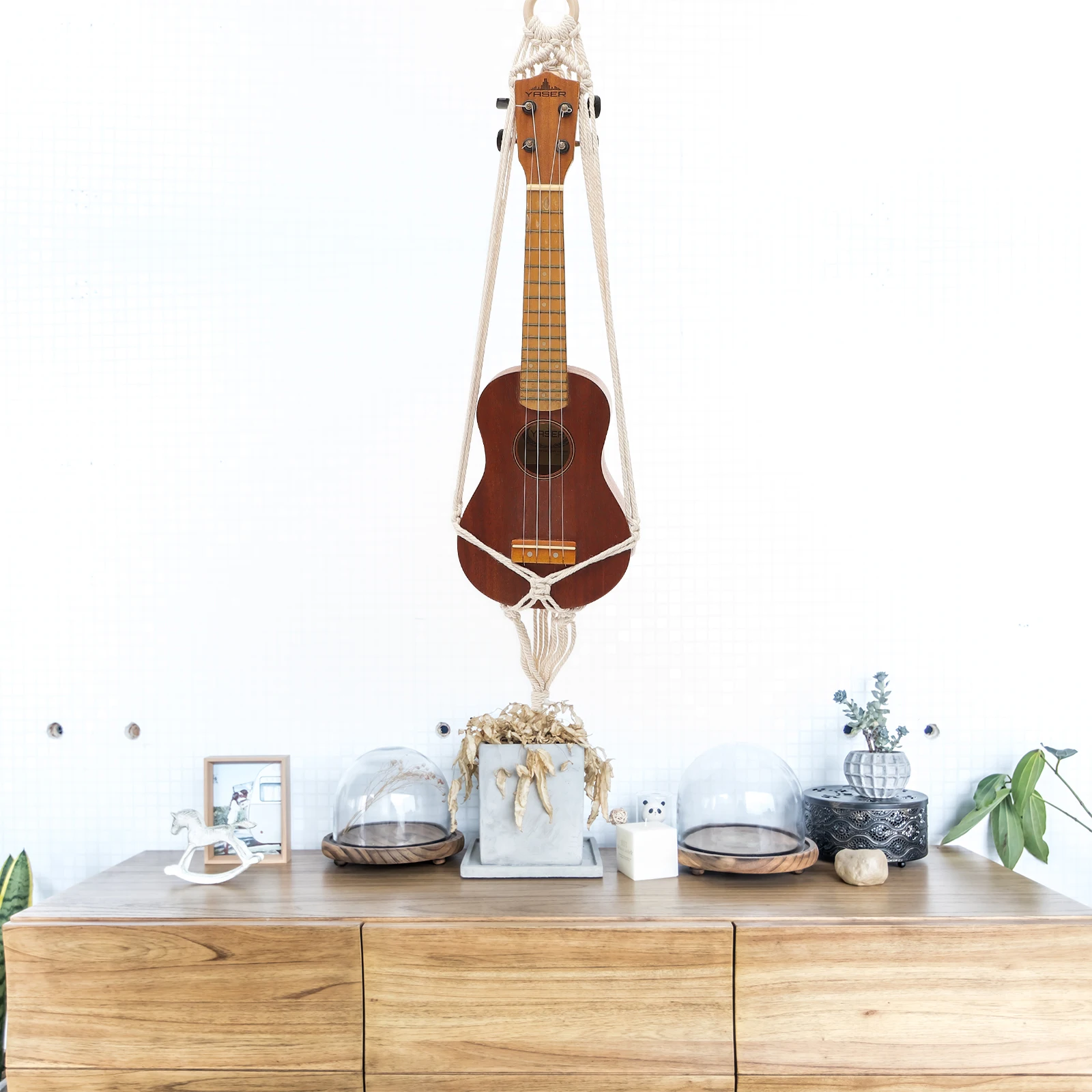 

Macrame Ukulele Hanger Cotton Rope Wall Mount for Guitar Instrument Holder Hanging Storage for Living Room Bedroom Garden