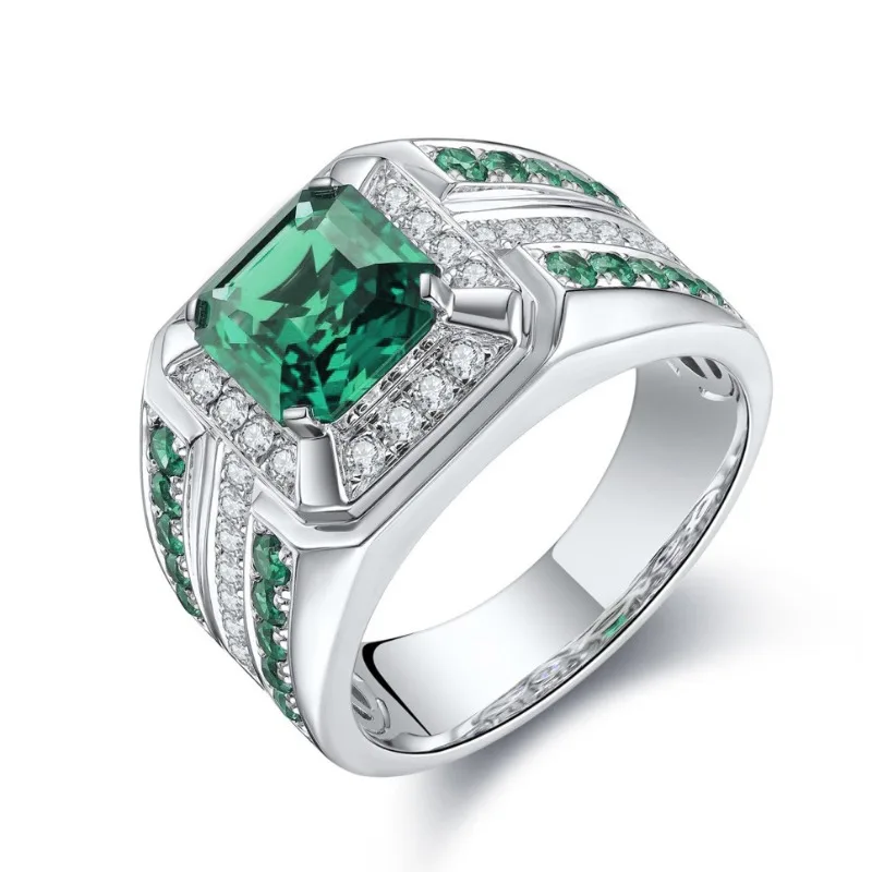

New silvery men's ring, alloy inlaid green square zircon trendy jewelry