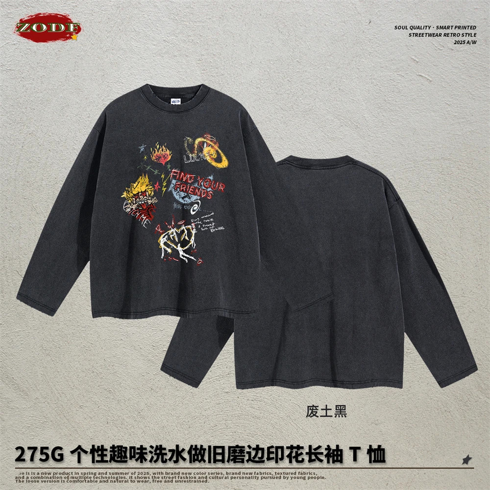 ZODF Retro Autumn Men Hip Hop Printing Cotton T-Shirts Unisex Long Sleeve 275gsm Washed T Shirt Brand Tees HY0014