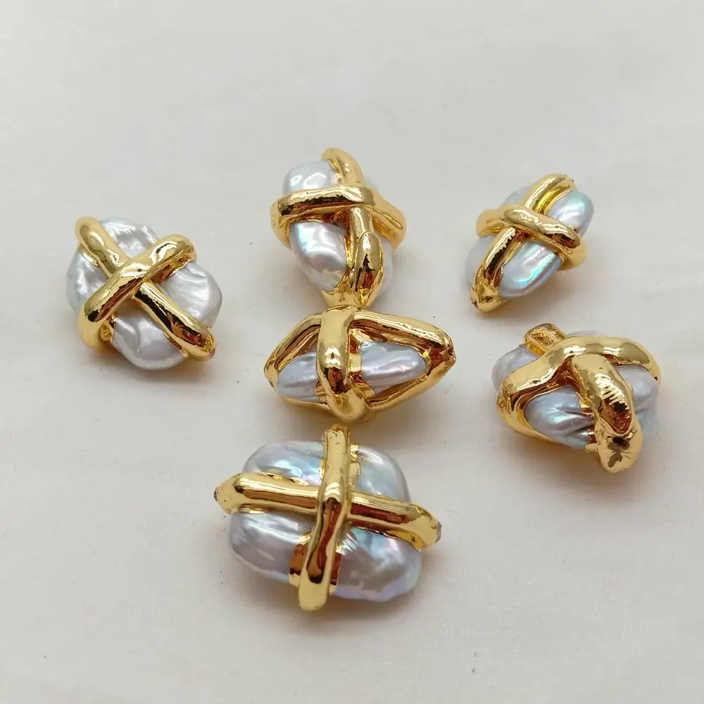 10 Pcs 19x28mm Cultured White Pearl Rectangle Shape Connector Beads Gold Plated Cross For Jewelry Making DIY
