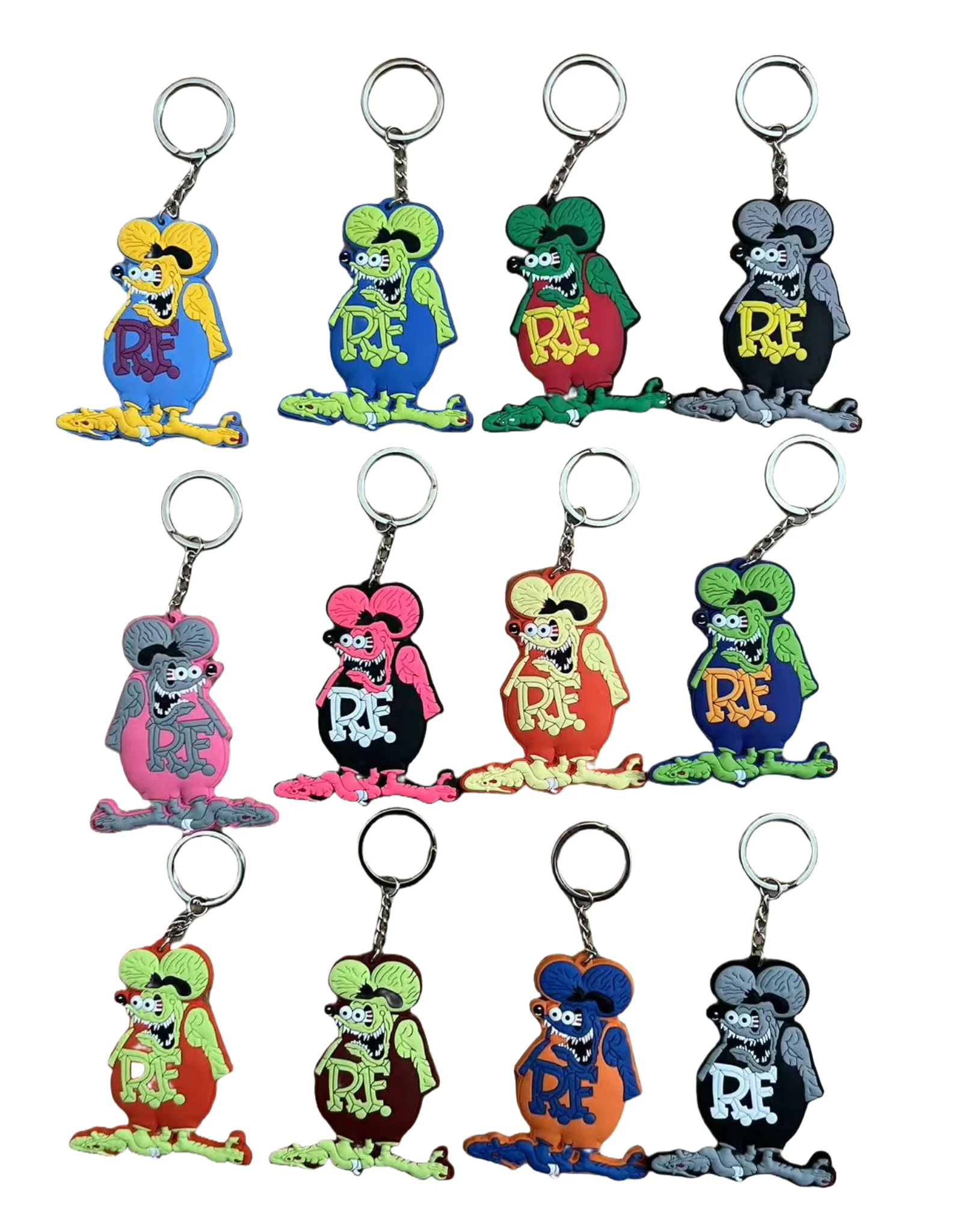 Llaveros de plástico para hombre, llaveros de pvc, RF, ratfink, rat, fink, mooneyes, venta al por mayor, 20 unidades por lote