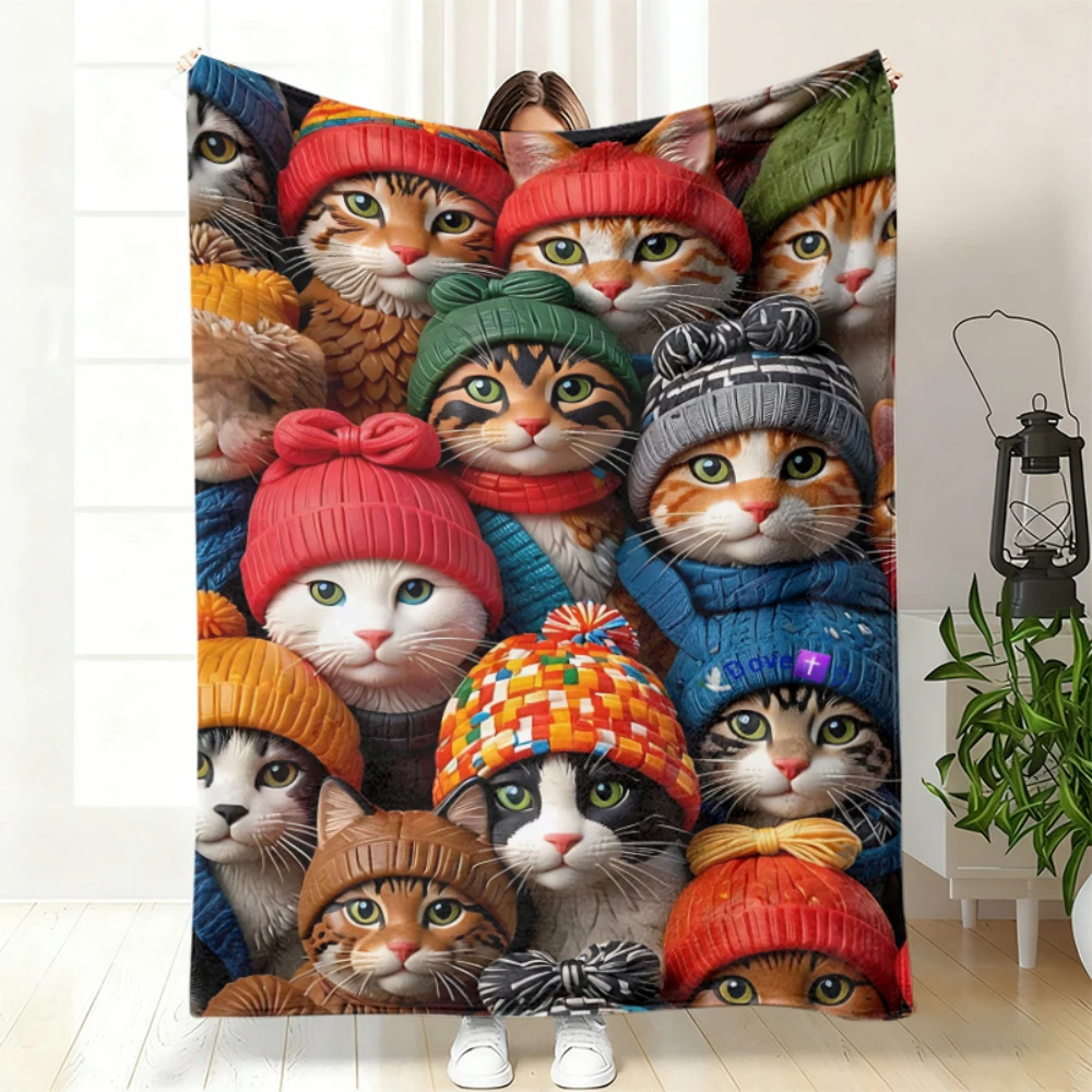 Winter Hat Stack Cat Portrait Throw Blanket,Warm Living Room,Reading Nook Decor,Birthday Anniversary Cute Household Souvenir