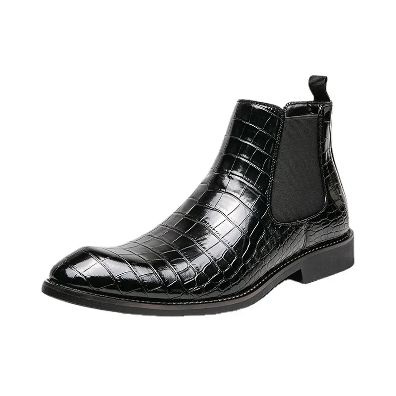 New 2024 Autumn Men Leather Ankle Boots Slip on Casual Shoes Fashion Plaid Design Chelsea Boot Men High Top Botines image 6