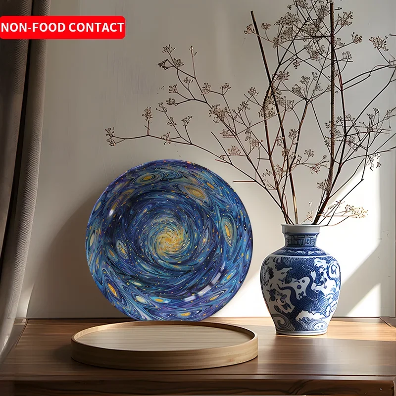 1pcGalaxy Swirl Ceramic Decorative Plate Hand-Painted Blue Yellow Starry Wall Art Non-Food UseFor home, living room, study,