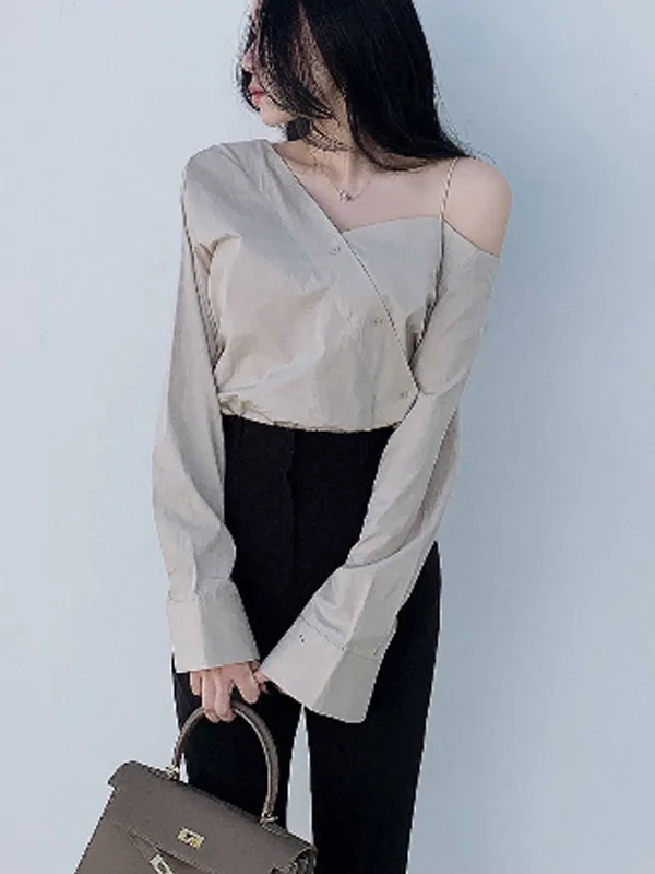 シックな非対称ルーズ V ネックセクシーなミニシャツ女性のストラップレスボタンアップトップ春のファッションカジュアル快適な衣服