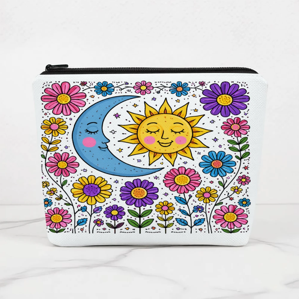 Sun Moon Flowers Stars Dots Makeup Bags for Girls Cosmetic Pouch Toiletry Bag Pencil Case Travel Storage