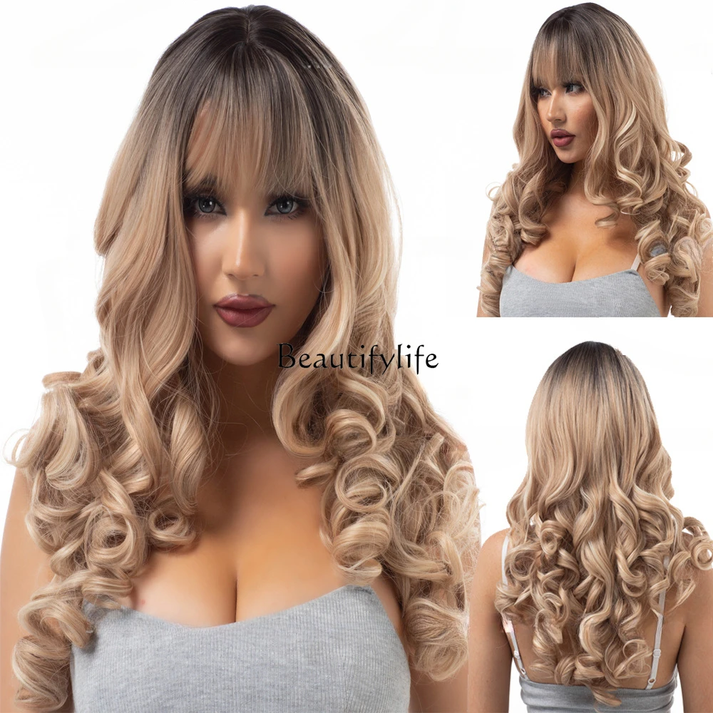 

Air bangs small curly hair gradual change golden temperament European and American chemical fiber wig