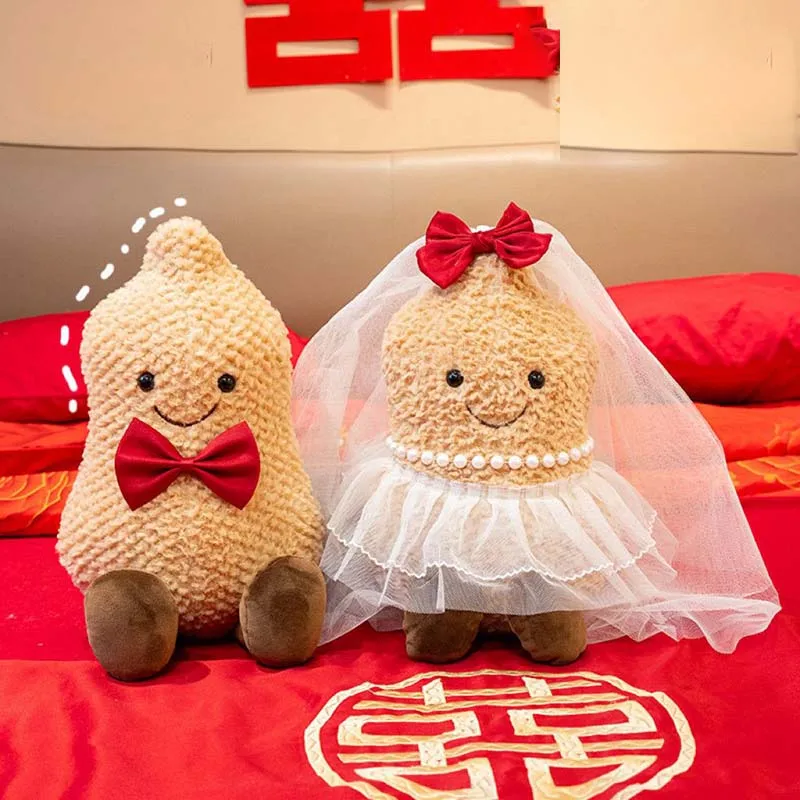 Cute Squishy Wedding Pair Peanut Toys Bride White Veil Lace Skirt and Groom Bowknot Doll Stuffed Animal Romantic Wedding Gift