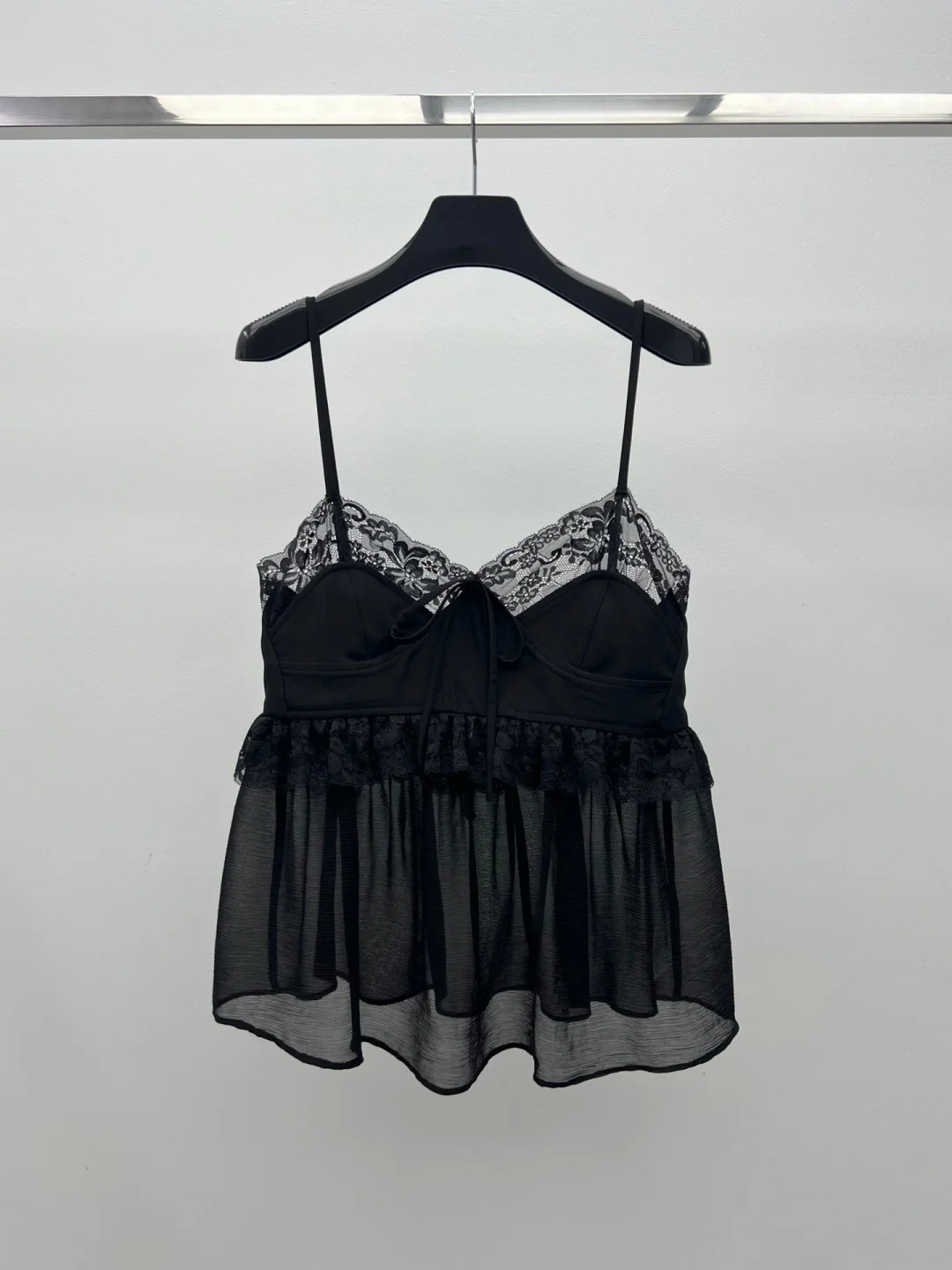 Lace Trim V Neck Bow Front Cami Dress Women Sheer Chiffon Ruffled Hem Mini Party Dress
