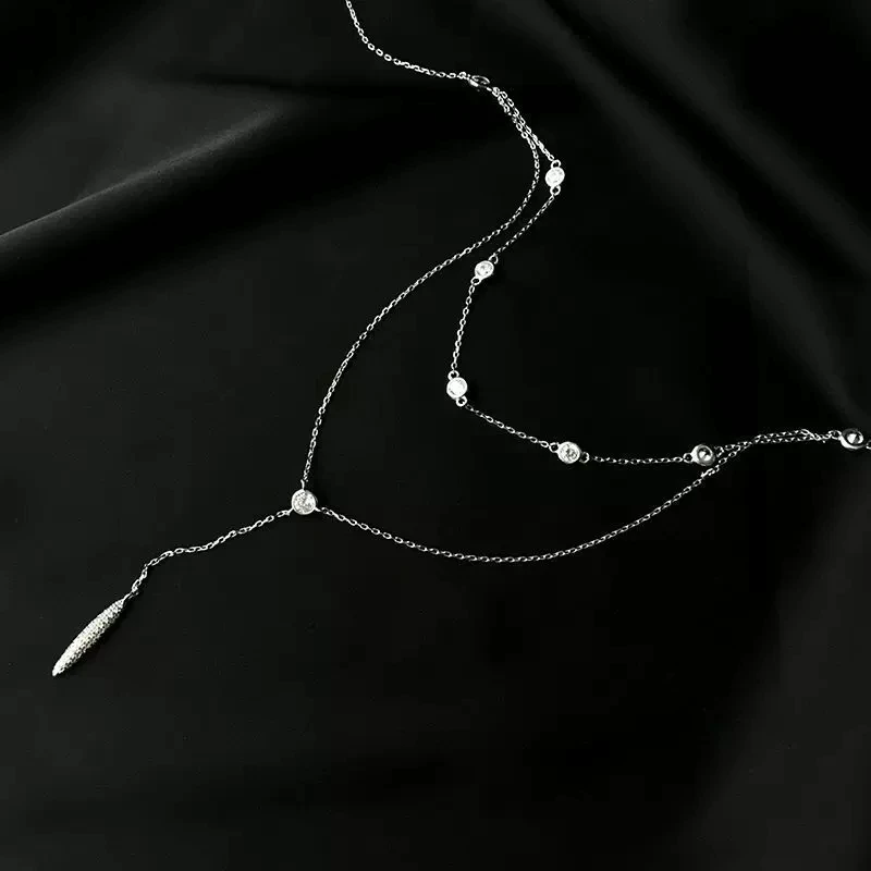 Collar de circonita de doble capa con borla de Plata de Ley 925 para mujer, cadena de clavícula de temperamento Simple, joyería de boda