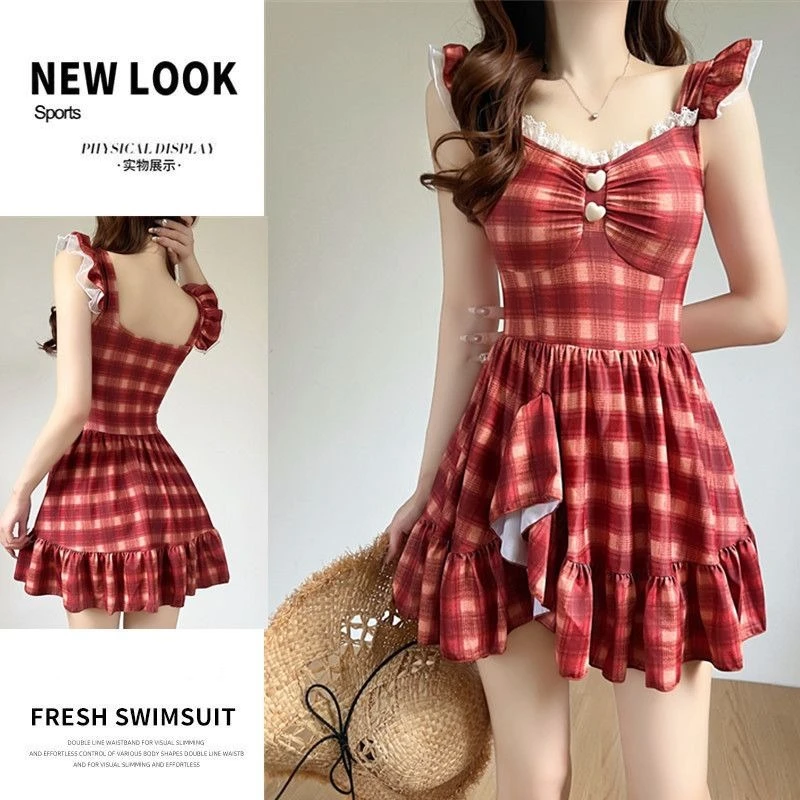 Mori Girl Red Plaid One Piece Swimsuit Vintage Swim Dress with Built-in Shorts Push Up Pad Beach Vacation Holiday Bathing Suit