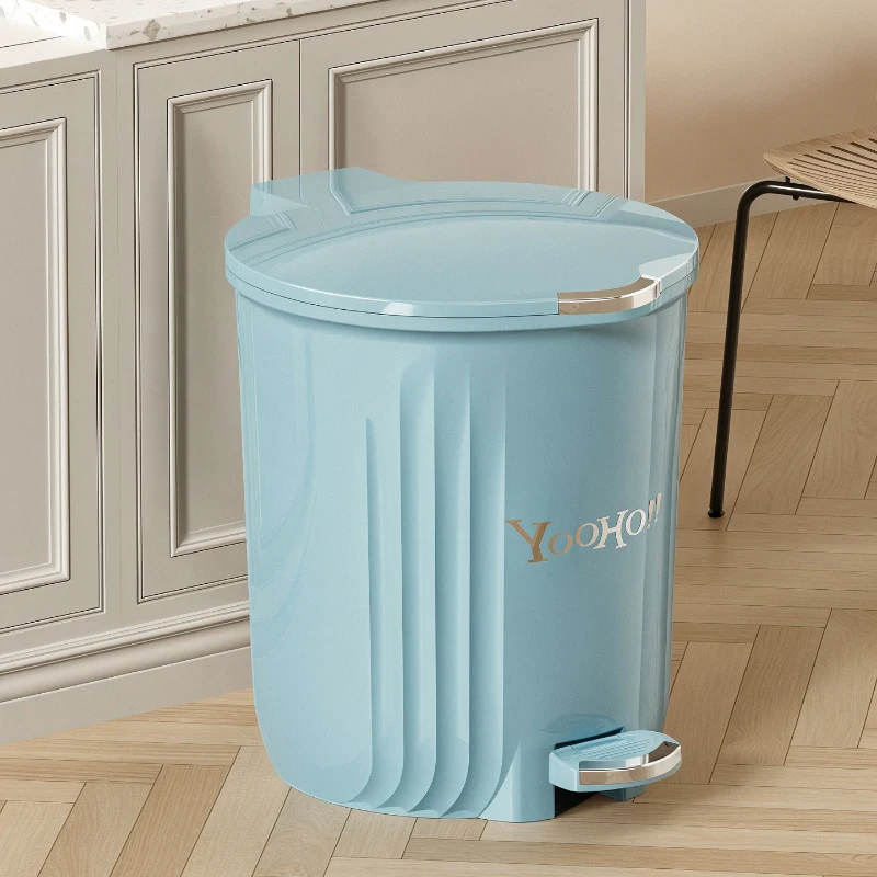 1Pcs Large-Capacity round Foot Pedal Trash Can Lidded Waterproof Waste Bin in Cream & Blue for Office Kitchen Bathroom