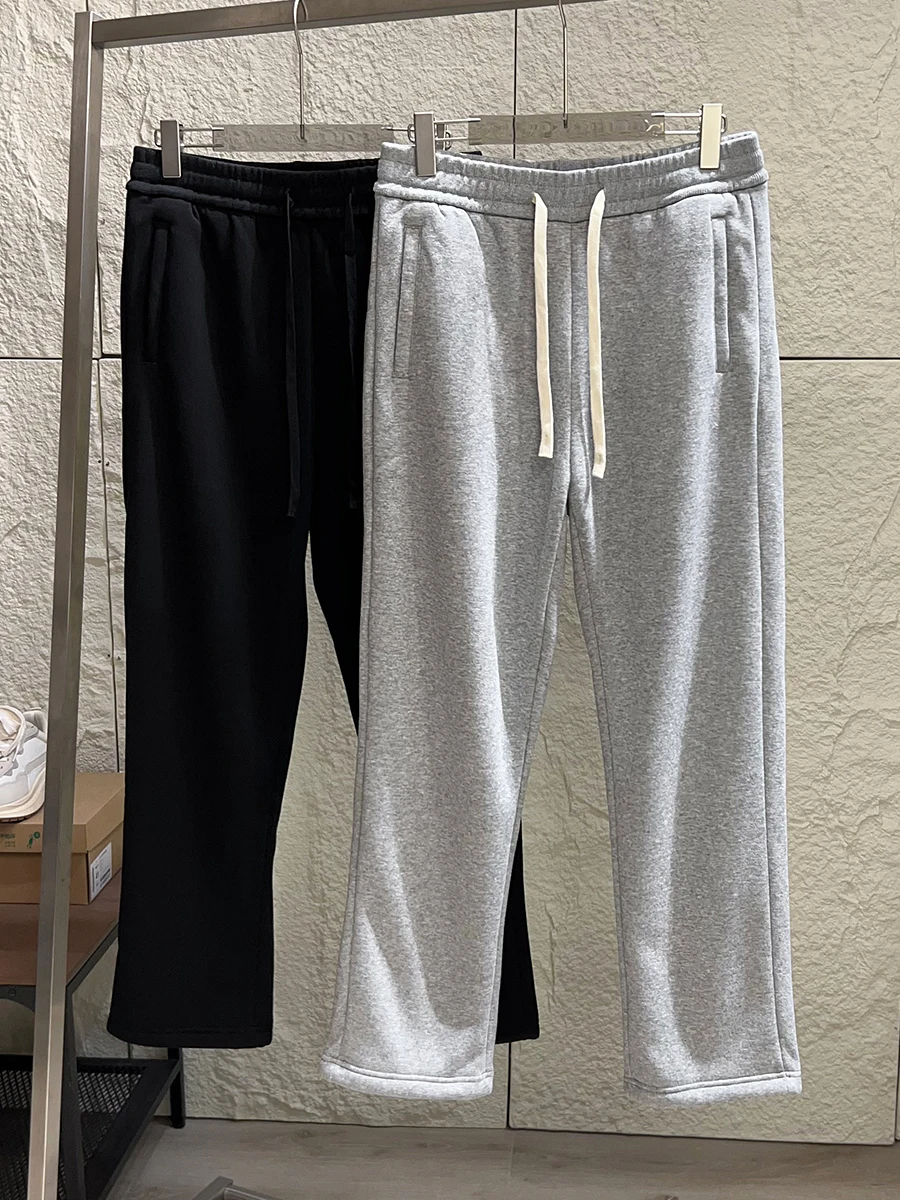 Men's Winter Thickened Fleece Lined Elastic Waist Straight Leg Casual Sweatpants Warm Comfortable Pure Color Knitted Pants