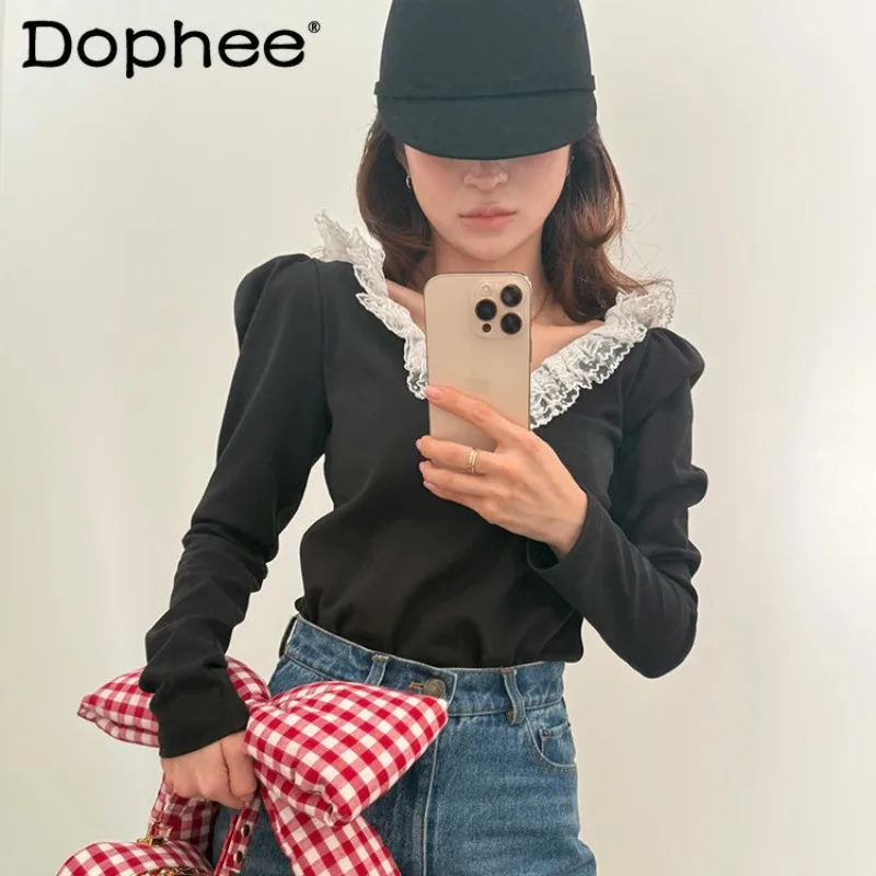 

Japanese Sweet V-neck Multi-layer Lace Ruffle Edge Women's Long-sleeved T-shirt Bubble Sleeve Fashion Slim One-piece Top