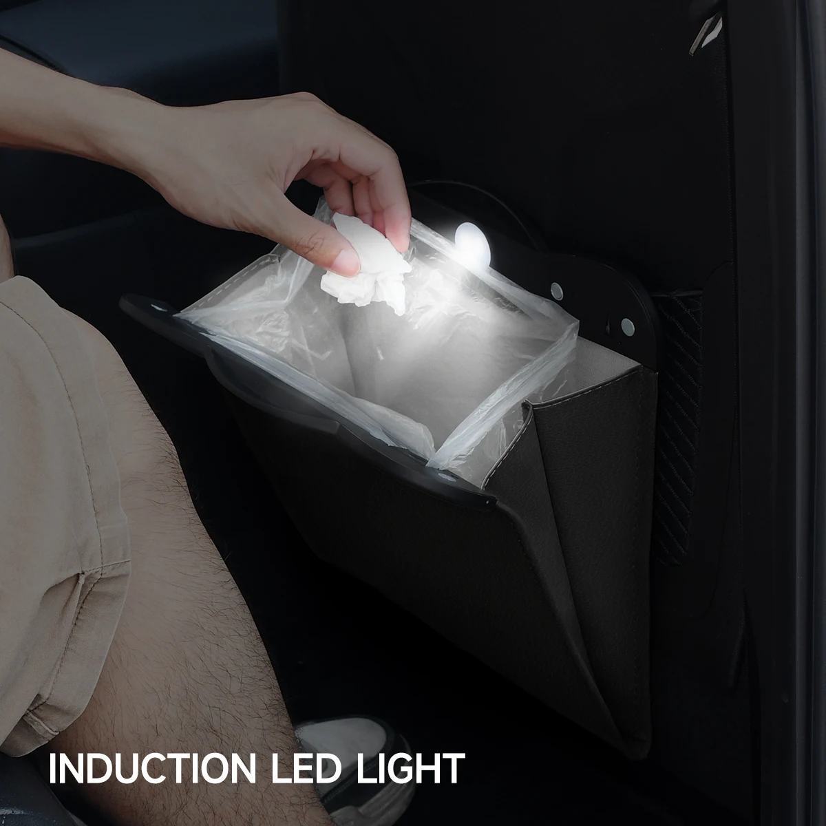 Magnetic LED Car Garbage Bag Waterproof Adsorption Trash Can Back Seat Hanging Leather Storage Pocket Accessories Leak-proof