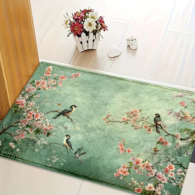 Aesthetic Birds and Flowers Door Mat - Non-Slip Green Moss Texture Entryway Rug - Artistic Nature Themed Indoor Floor Carpet Art