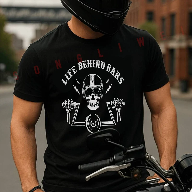 

Life Behind Bars Motorcycle Skull Men's T Shirt Moto Casual Dress Cotton Round Neck Short Sleeved T-shirt Tees
