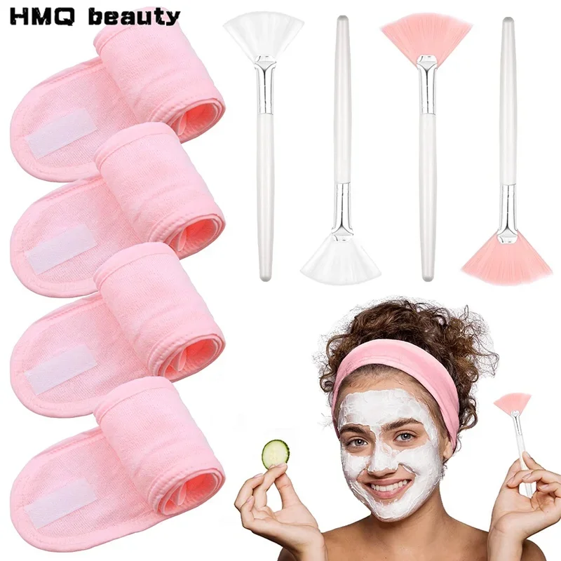 8 unids/set de brochas faciales, brochas de maquillaje con ventilador, máscara portátil suave, cepillo, diadema de Spa, envoltura de cabello estirable, herramientas de maquillaje para el cuidado de la piel