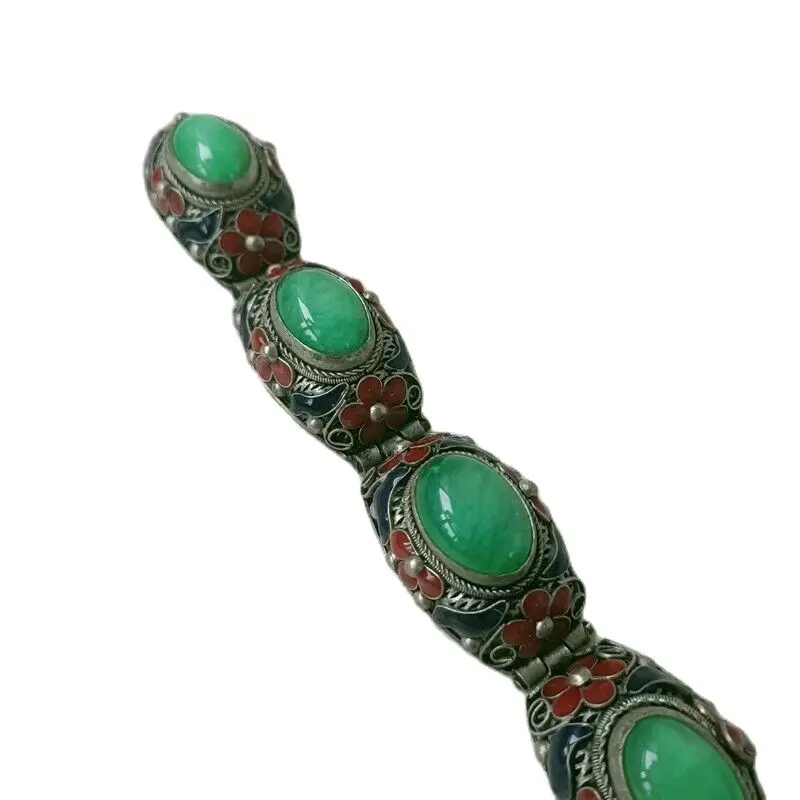 Exquisite Old Chinese tibet silver Cloisonne inlay jade handmade Bracelet 68012
