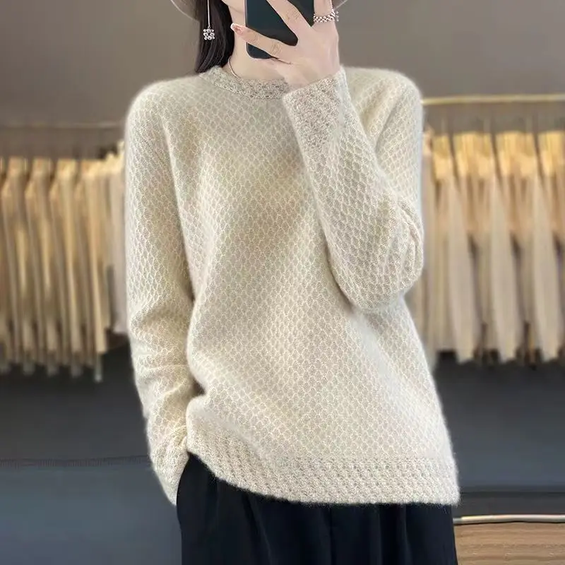 

Women's Sweater 100% Pure Woolen Sweater 2024 Autumn/Winter Fashion Versatile Half High Neck Knitted Bottom Shirt Waffle CoatTop