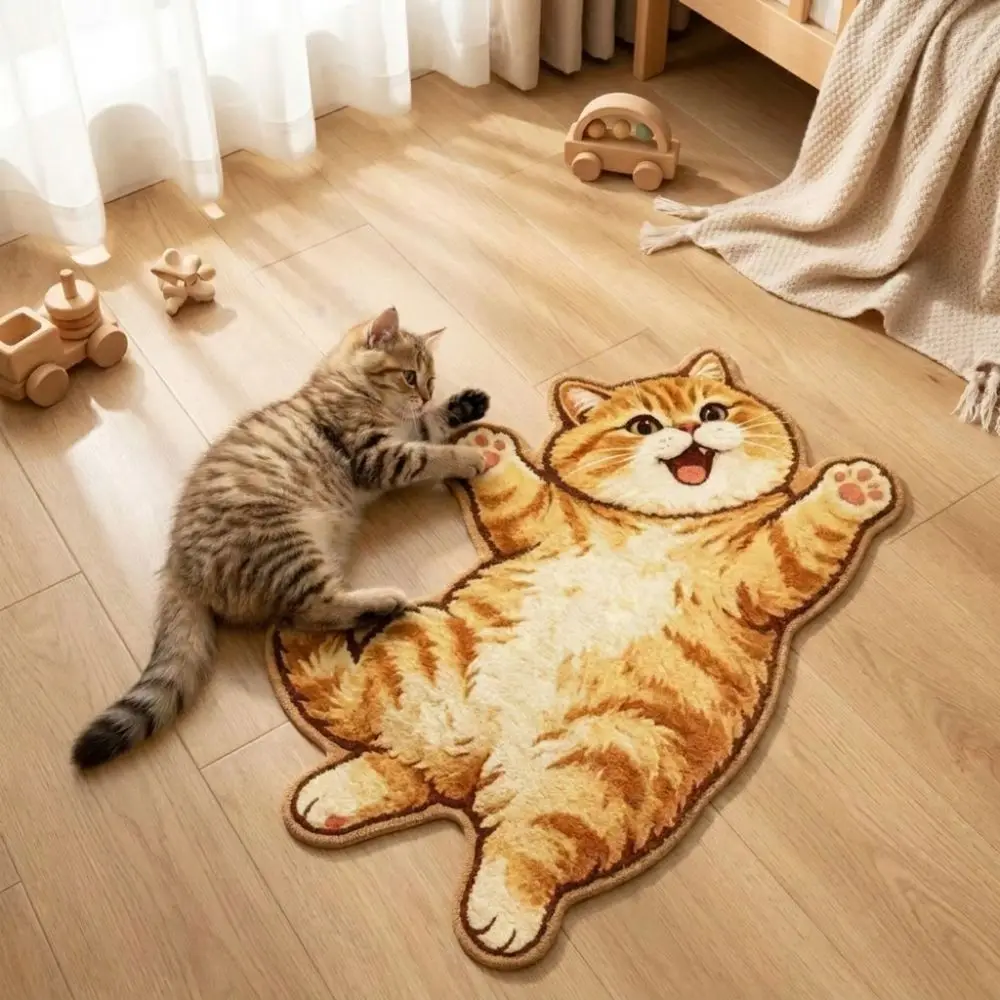 Cute 2D Cat-Shaped Area Rug Anti-fouling Easy to Clean Home Decor Carpet Non-Slip Cartoon Carpet Living Rooms
