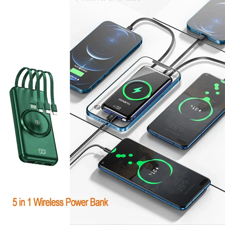 Hot Selling 5in1 Potable Fast Charging QI Wireless Charger 10000mAh Power Bank Wireless Power Bank Built-in Cable for iPhone 15