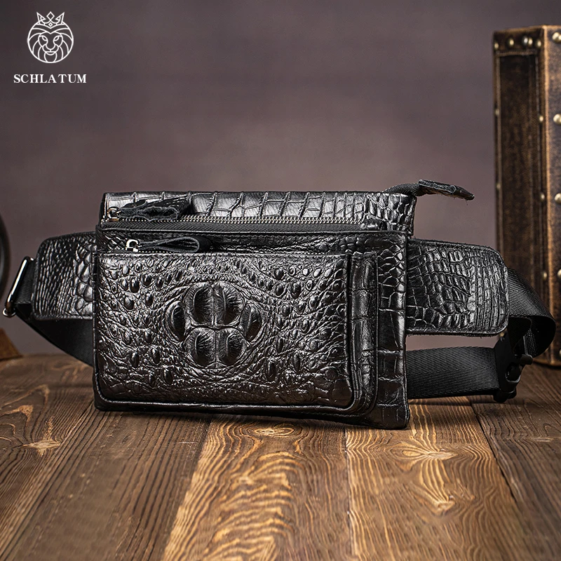 SCHLATUM Top Layer Cowhide Leather Waist Bag Men's Multi-Functional Travel Crocodile Pattern Chest Bag