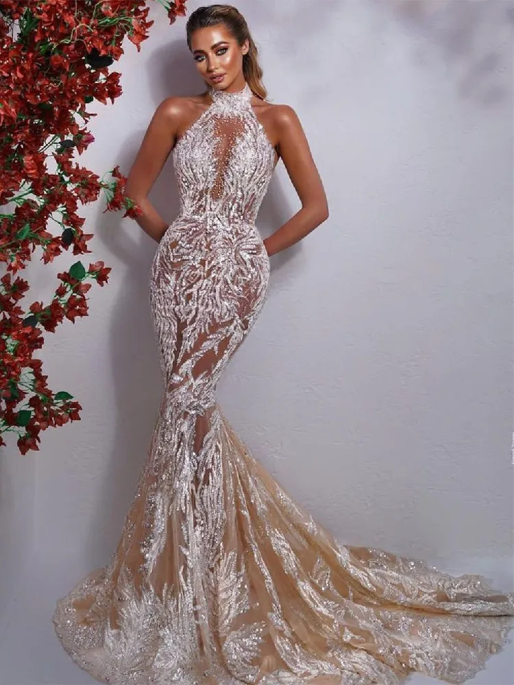 

Elegant Mermaid Evening Dresses Sleeveless V Neck Sequins Beaded Diamonds Lace Hollow Halter Plus Size Prom Dresses Custom Made