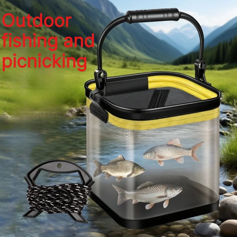 Portable Foldable Transparent Fishing Bucket Live Fish Container Collapsible Water Pail Outdoor Camping Fishing Bait Bucket