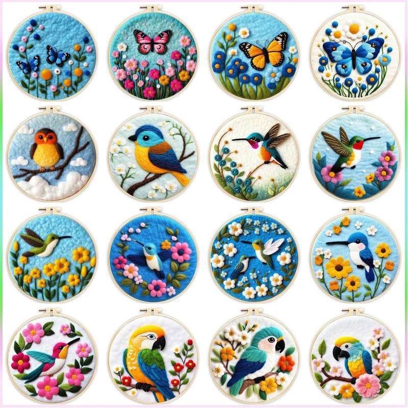 CHENISTORY Painting Diy Wool Embroidery Kit Creative Diy Bird Butterfly Wool Needle Felt Flower Picture Kit Craft Painting Gift