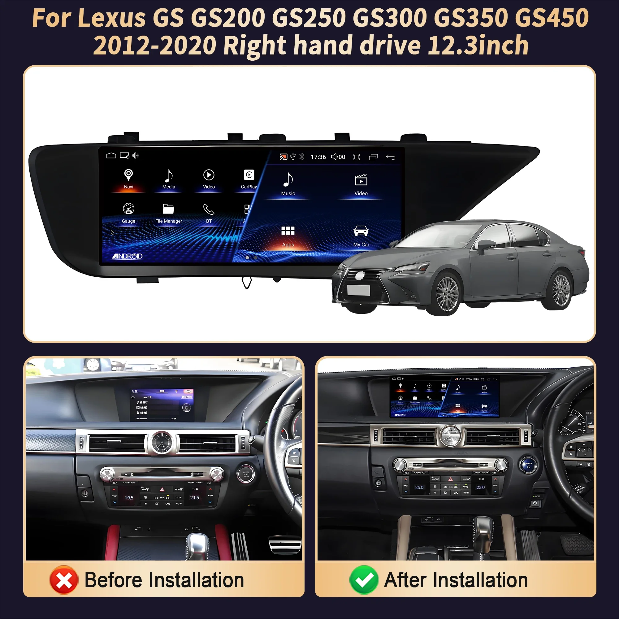 12.3'' Right Hand Drive Radio Carplay Snapdragon 680 GPS Android 14 Screen For Lexus GS GS200 GS250 GS300 GS350 GS450 2012-2020