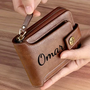 Custom Name Men's Wallet Gift Stylish Brown Faux Leather Engraved Purse Personalized Decorative Durable Card Holder Coin Pocket