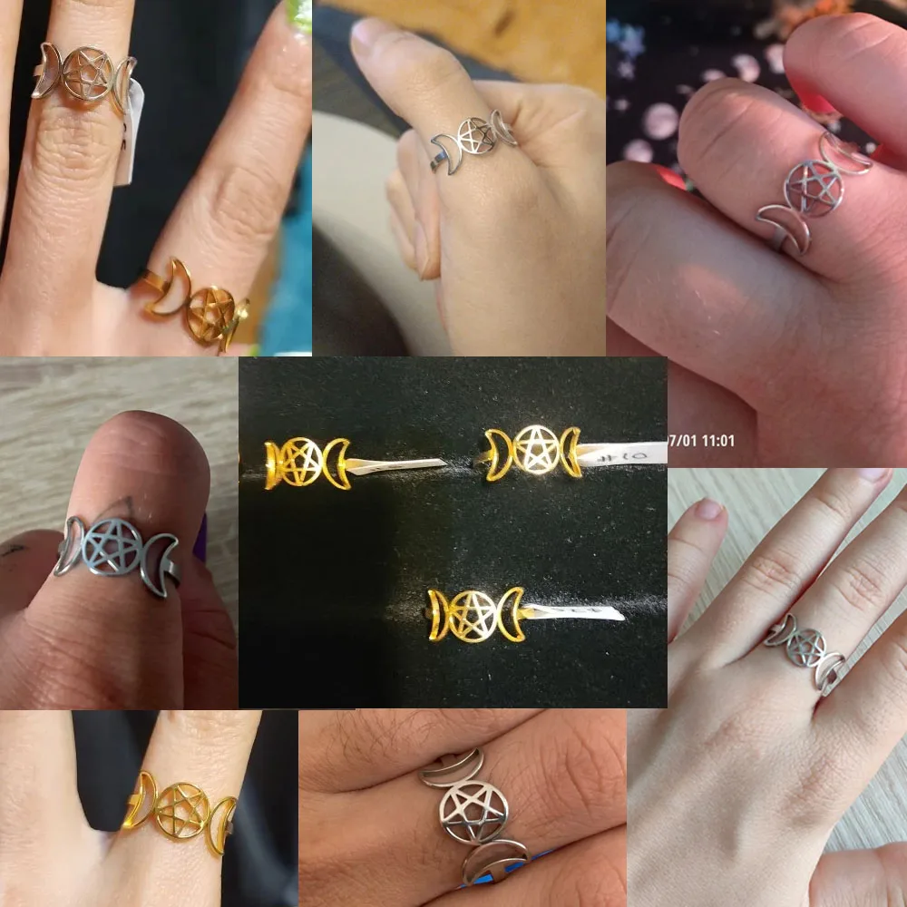 COOLTIME Pentagram Triple Moon Goddess Symbol Rings for Women Men Stainless Steel Crescent Star Ring Vintage Wicca Jewelry Gift