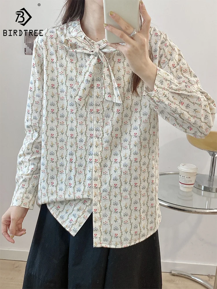 New Fall Cotton Women's Shirt Long Sleeves Cute Floral Print Bow Collar Loose Casual Comfortable Blouses 2024 Spring T41242QM