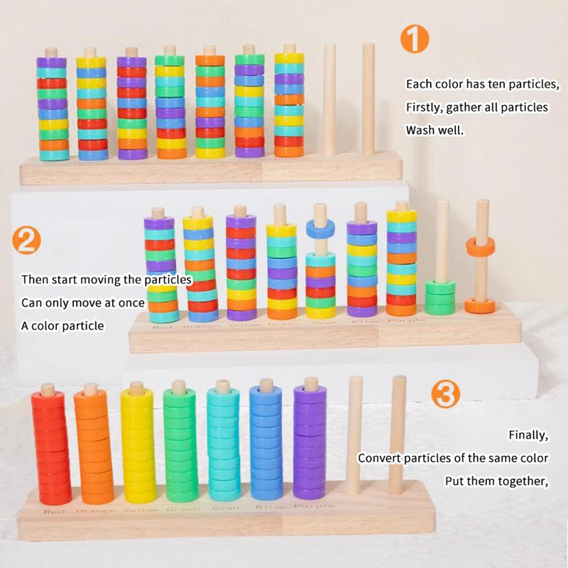 Wooden Color Sorting Stacking Toys Montessori Rainbow Rings Game For Toddlers