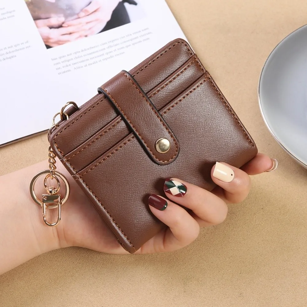 

Simple Card Holder Short Trifold Wallet PU Leather Portable Hangging Card Bag with Keychain Multifunction Pocket Purse Outdoor