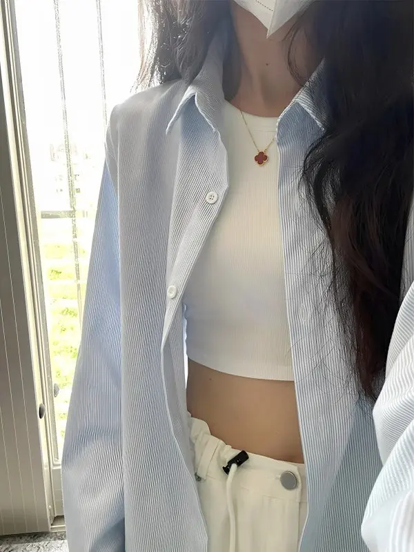 

Blue Striped Long Sleeve Shirt Jacket Women's Spring New Style Design Sensation Quality Top Korean Version Loose Fit Blouse