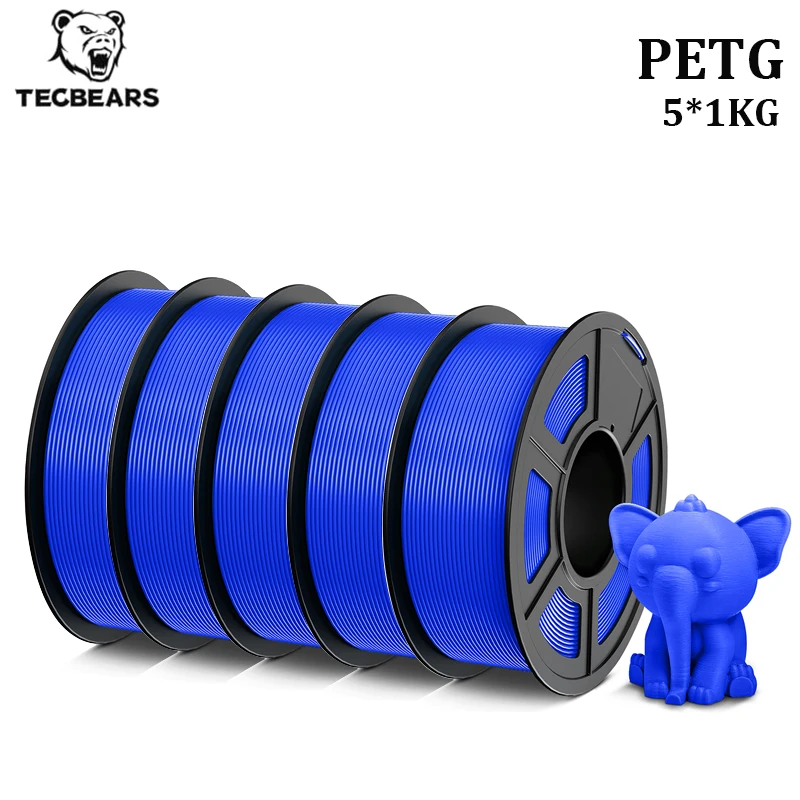 TECBEARS PETG 3D-printerfilament PETG 1,75 mm 5 rollen 100% geen bubbels Hoge taaiheid Netjes gewikkeld voor FDM DIY 3D-printmateriaal