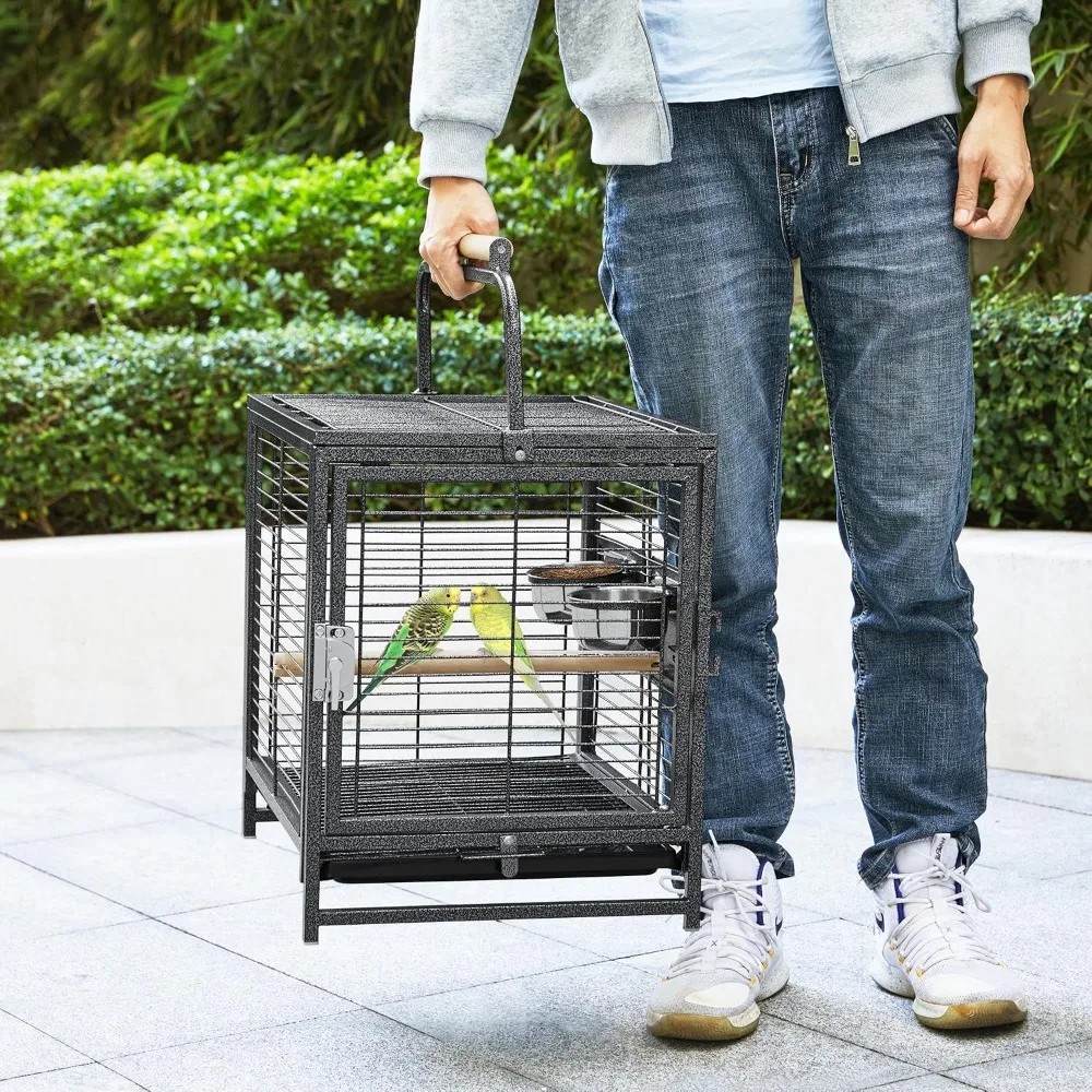 25.5'' Wrought Iron Bird Travel Carrier Cage with Handle, Wooden Perch & Seed Guard for Small Parrots, Canaries, Budgies, Lovebirds, Conures, Cockatiels