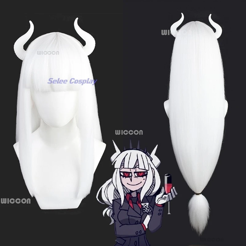 Helltaker Lucifer CEO of Hell Anime Game Cosplay Costume Wig Horns Demon Uniforms Tail Skirt Pants Suit Halloween Party Outfit