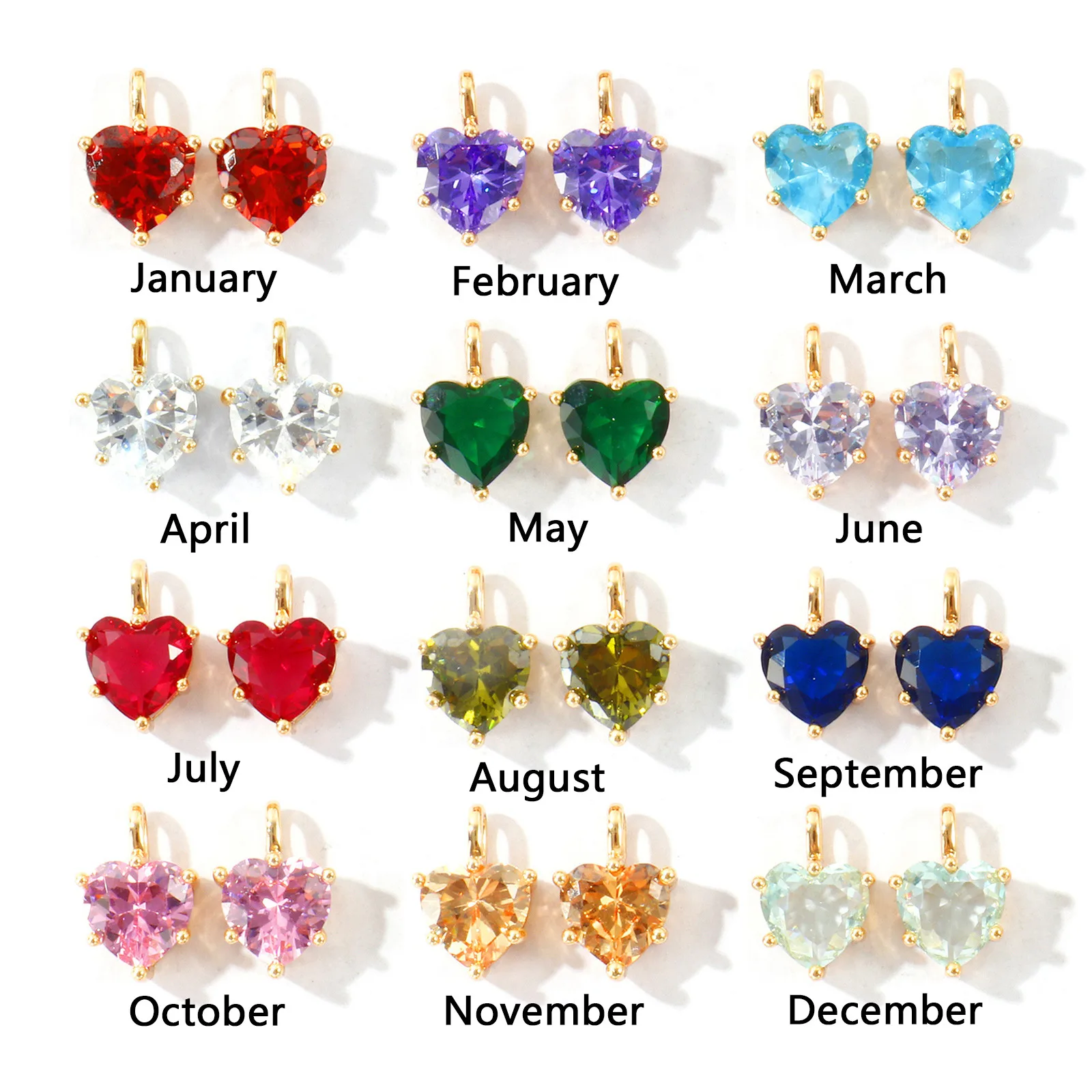2 Stück Zirkonia-Charms zum Valentinstag, Geburtsstein-Charms, Herz, Messing, 18 Karat vergoldet, Anhänger für die Herstellung von DIY-Halsketten, 13 mm x 9 mm – Detail 1