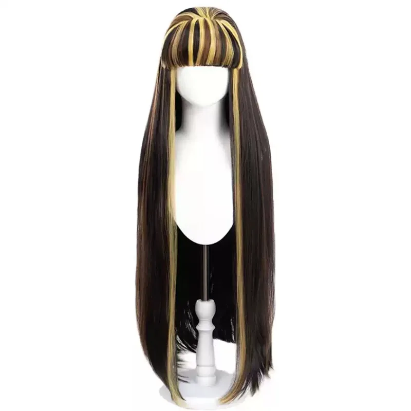 Black Golden Highlight Long Straight Cosplay Wig with Bangs Synthetic Hair Wig for Women Halloween Party Anime Costume