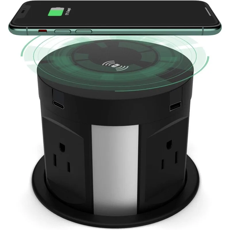 Automatic Pop Up Outlet For Countertop, Recessed Power Strip With 4 AC Outlets, 2 USB A, 2 USB C Pop Up Socket, Wireless Charger