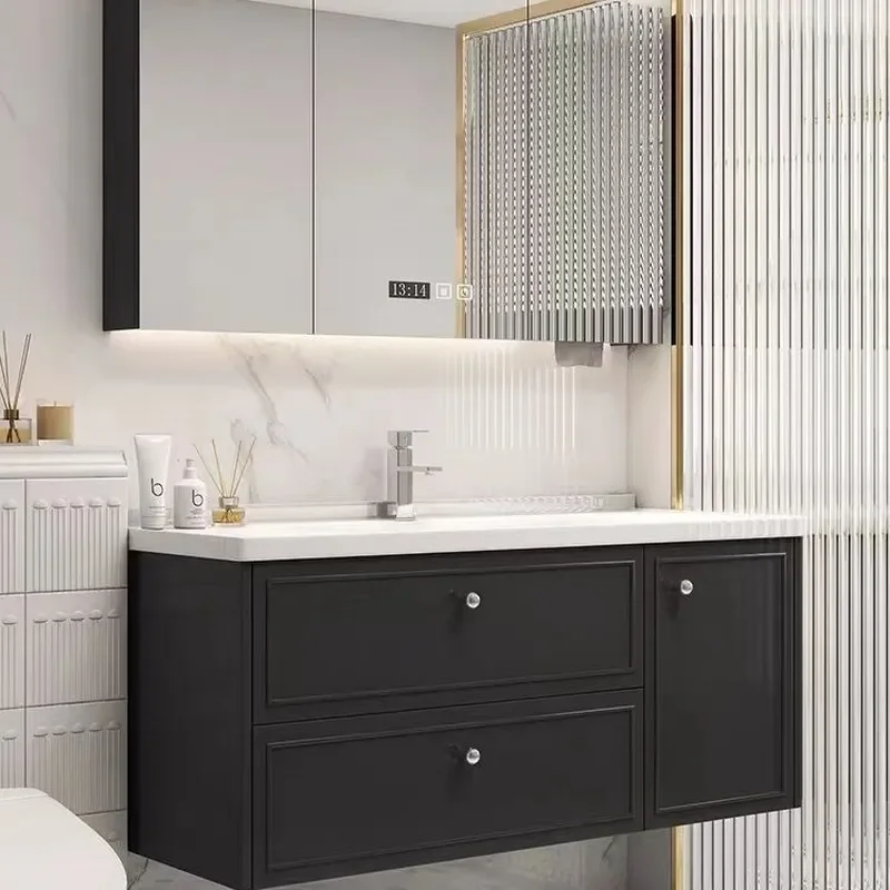 for French Rubber Wood Bathroom Cabinet Combination Wash Basin Ceramic Integrated Sink Smart Mirror Vanity Set