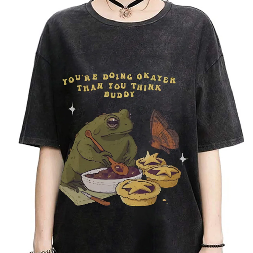 

Black Women's T-Shirt Y2K Frog Print Oversized Cotton Tees American Vintage Distressed Short Sleeve Fashion Street Hip Hop Top