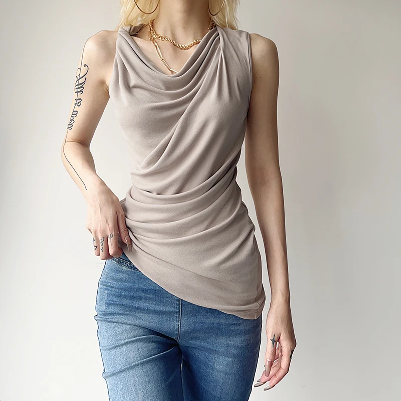 

Korean Style Elegant Slightly Mature Style Sexy Sleeveless Vest Women's Fashion Design Sense Pleated Slim-Fit Top Versatile