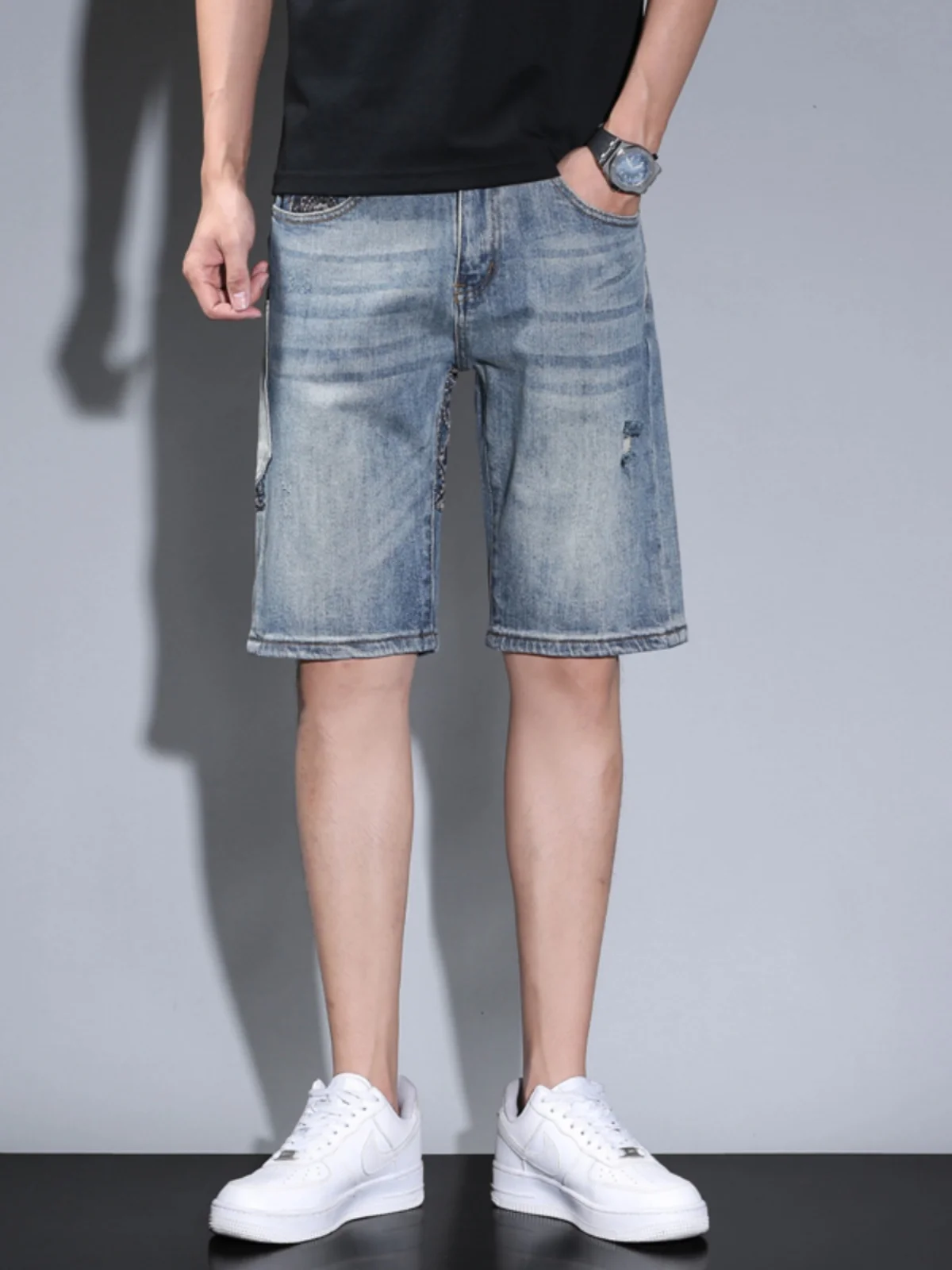 

Summer New Men's Loose Straight Leg Five-Point Jeans Shorts Tear-Resistant Mid-Waist Patchwork Casual Wear Youth Trend