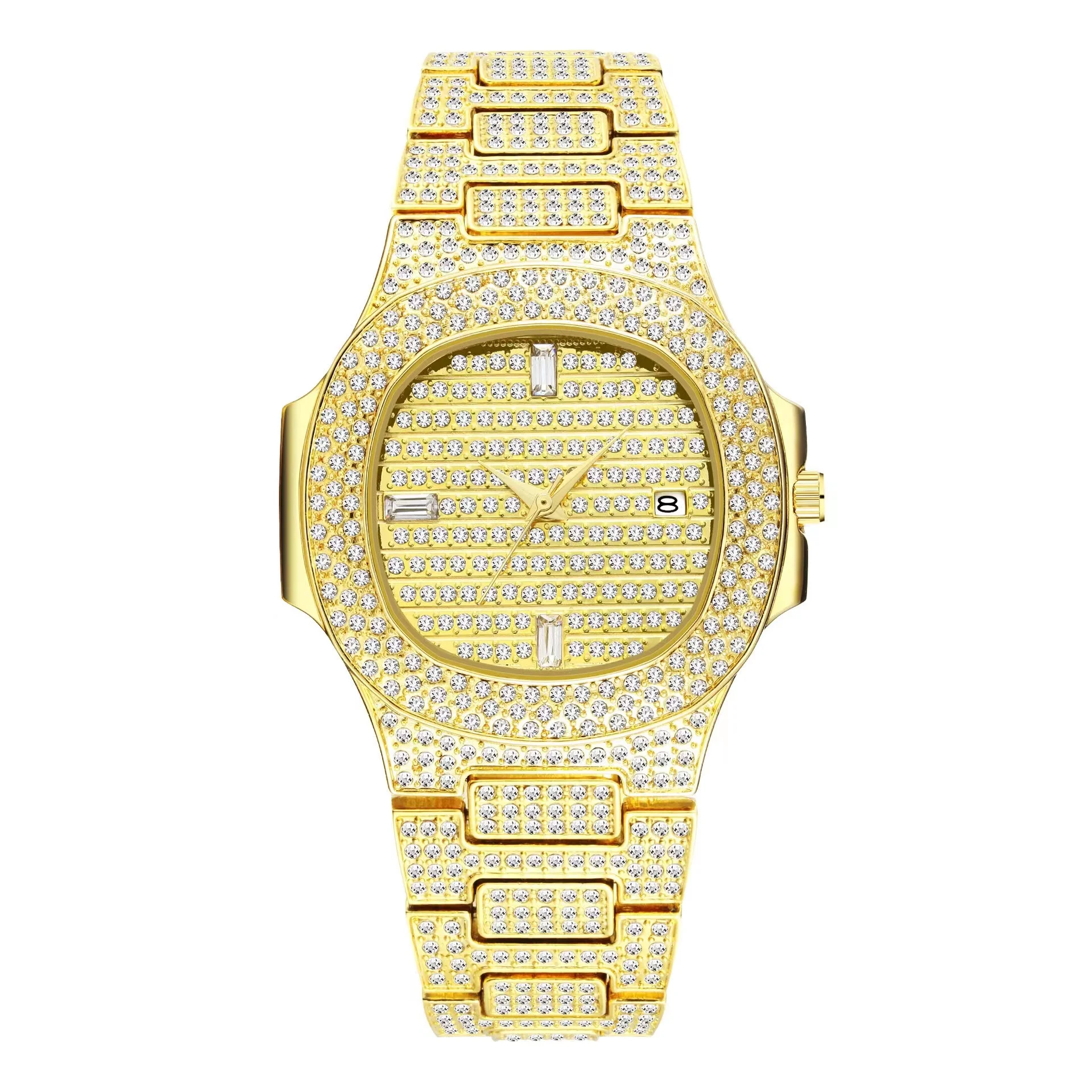 CUC Men\'s Full Rhinestones Watch Iced Out Fashion Stainless Steel Mesh Belt Gold Color Quartz Watches HipHop Jewelry